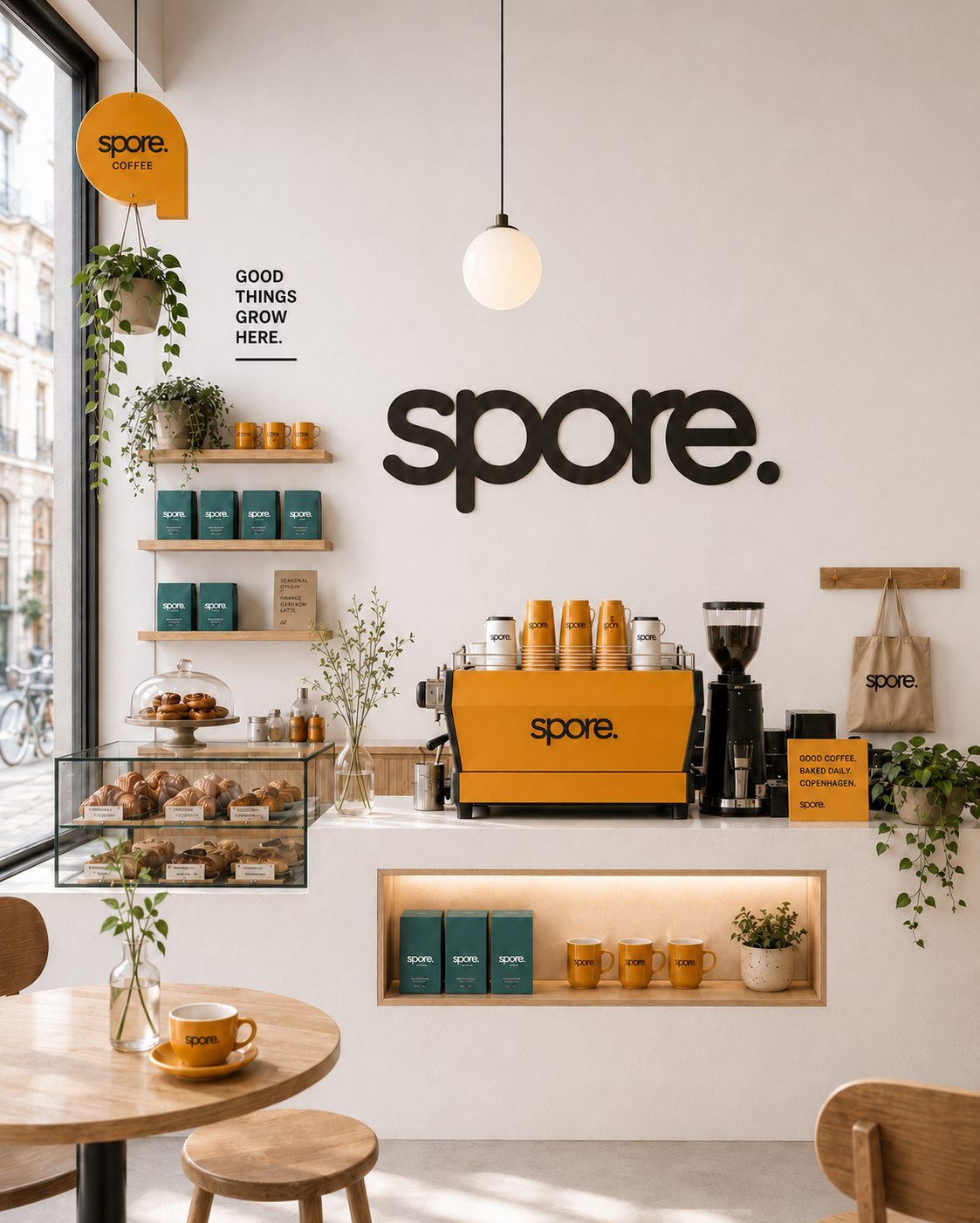 spore. café interior — counter, espresso machine and shelf