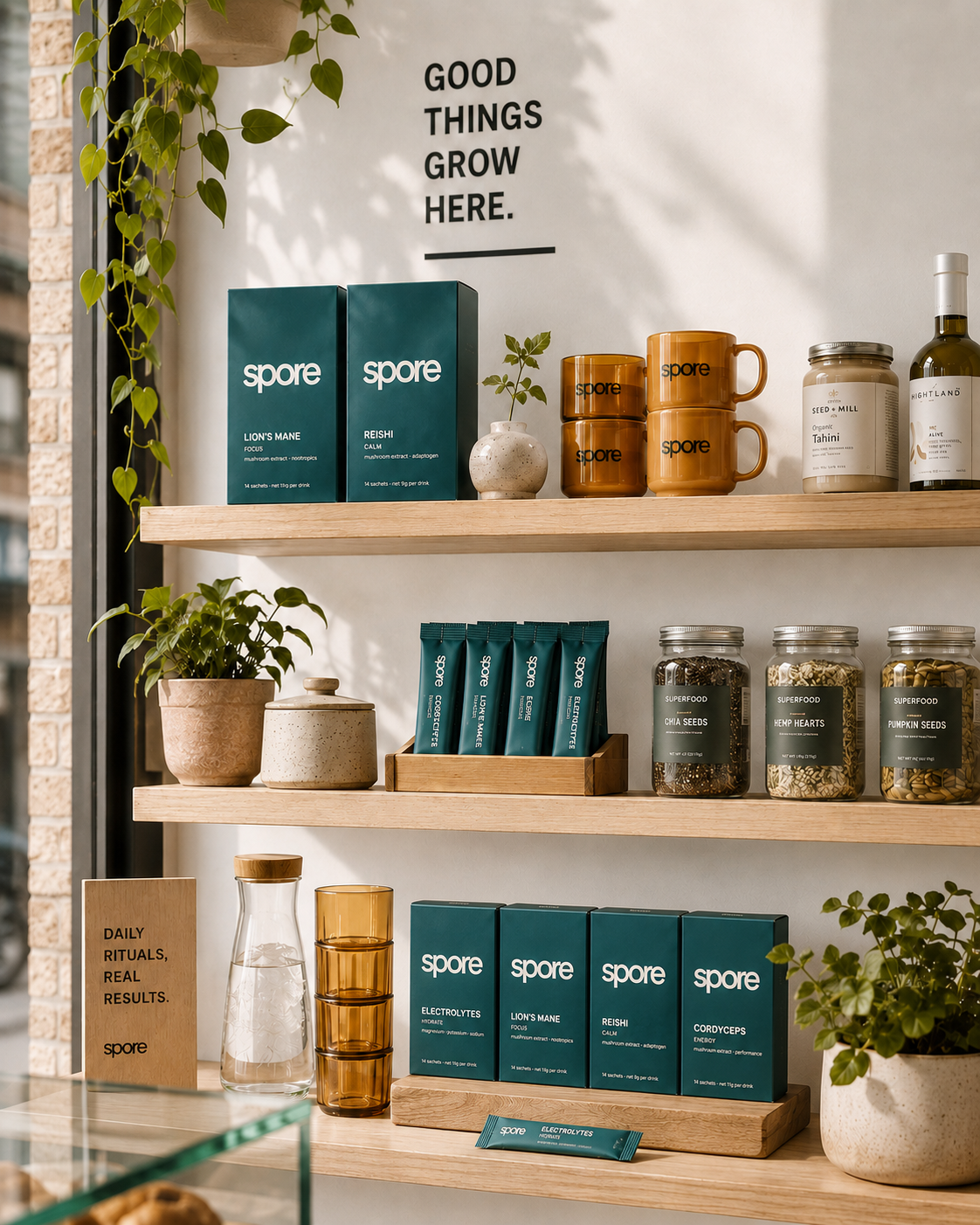 spore. functional add-ins on oak shelves